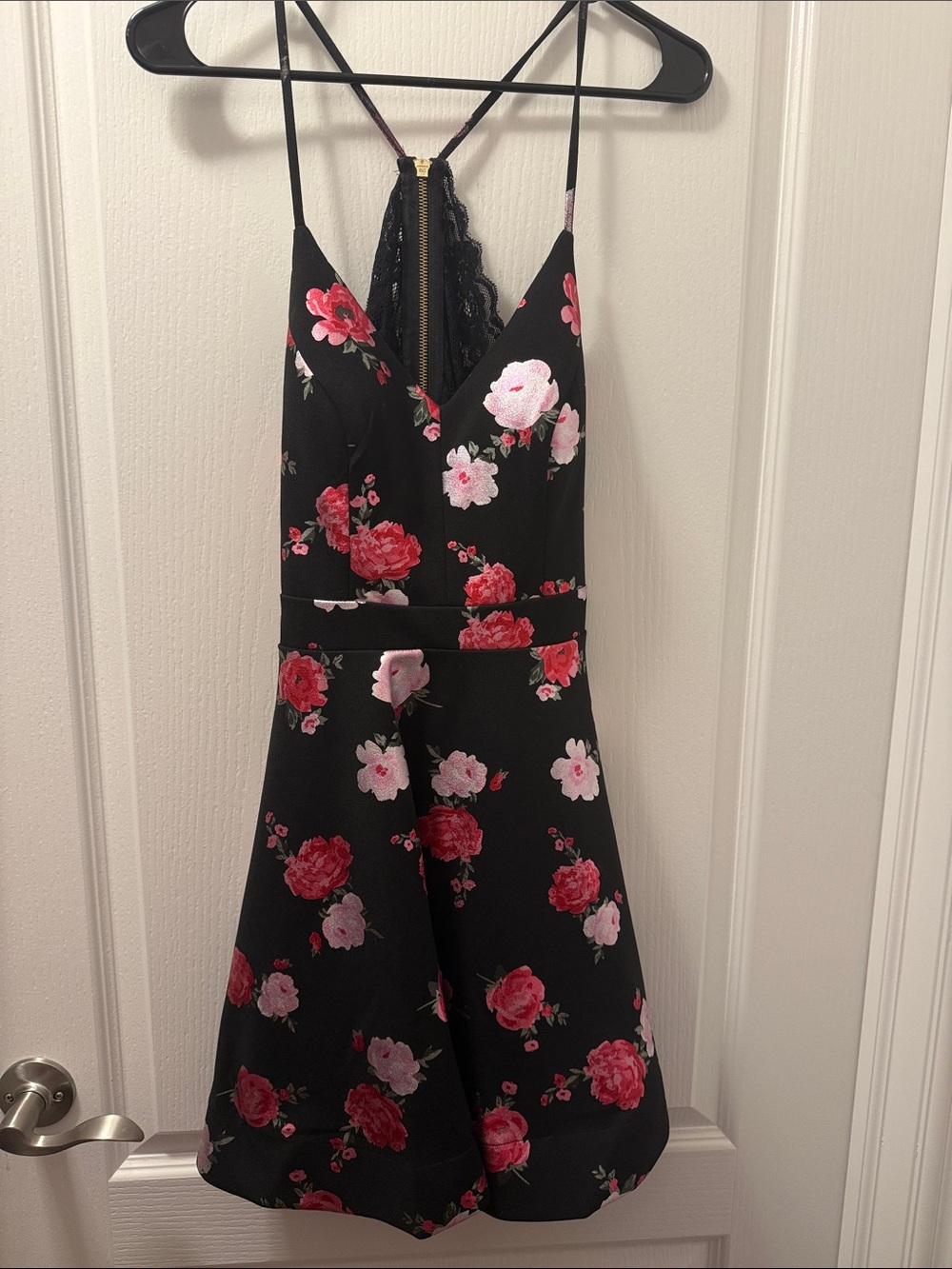 B. Smart Black Mini Dress with Pink & Red Rose Print